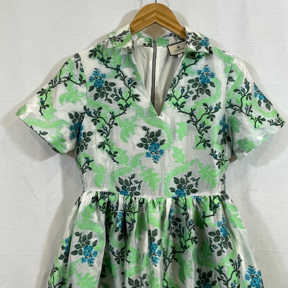 RARE Tuckernuck dress green vines blue flowers jacquard silver sheen like new S